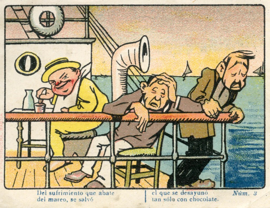 Cromo con ilustración cómica junto a un poema de cuatro versos rimados referentes a la imagen. Está numerado con el nº 3, podría pertenecer a una colección. Al verso, tiene una promoción del productor de chorizos de Rioja, "Lucio Piazuelo" en la que se hace mención a la medalla de oro y diploma de honor obtenido por esta casa, además de señalar que existen un almacén al por mayor de jamones de Viguera y el Depósito de chocolates Piazuelo de Zaragoza. Taller de impresión: Tipo-lit. Madriguera-Barcelona