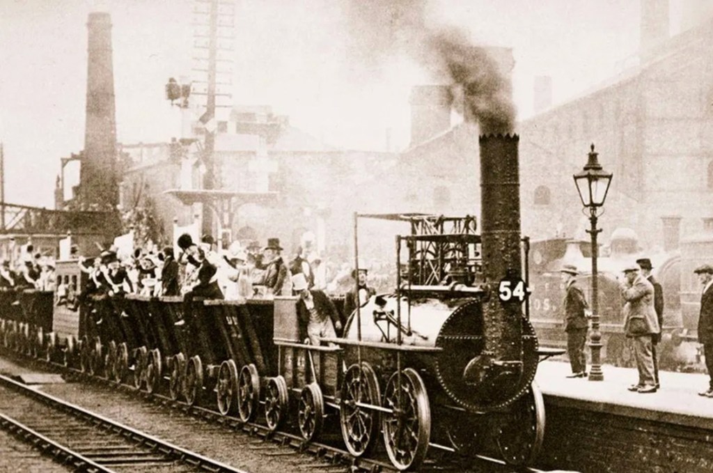 La locomotion nº 1 en su viaje inaugural  en 1825 se convirtió en la primera locomotora de transporte de pasajeros de la historia. (Getty images)