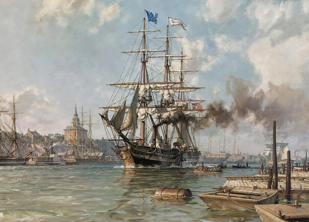 El SS Savannah saliendo del puerto de la ciudan de Savannah. 1821, John Stobart