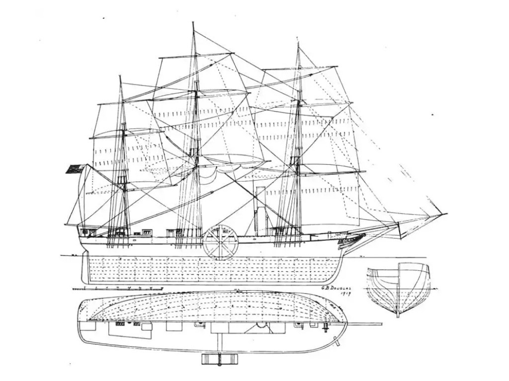 Esquema del SS Savannah según un esquema de G.B. Douglas publicado en «The rudder» página 219, en 1919 Nueva York