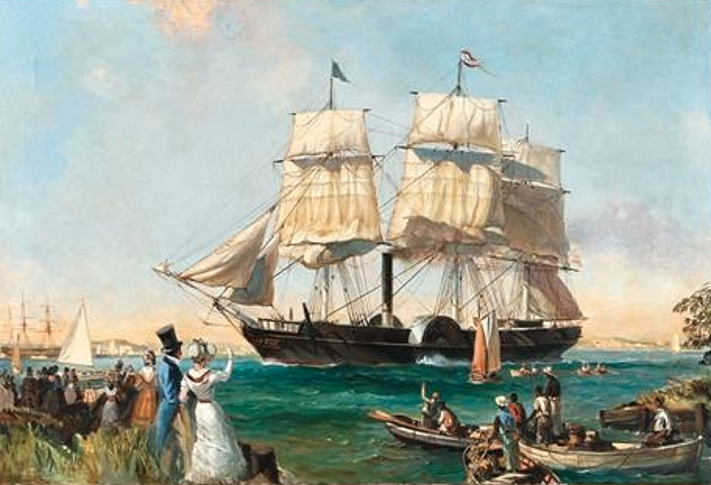 El SS Savannah llegando a puerto en 1819, según un óleo de 1972 del pintor inglés Leslie Arthur Wilcox
