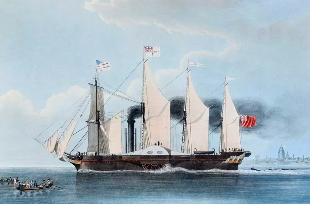 El vapor Great Western de Bristol, por Hr. Robinson. Este fue el primer barco de vapor transatlántico construido expresamente. Diseñado por Isambard Kingdom Brunel y botado en Bristol en 1837, estableció la ventaja del vapor sobre la vela para los viajes transatlánticos, convirtiéndose en el modelo de los sucesivos barcos de vapor atlánticos.