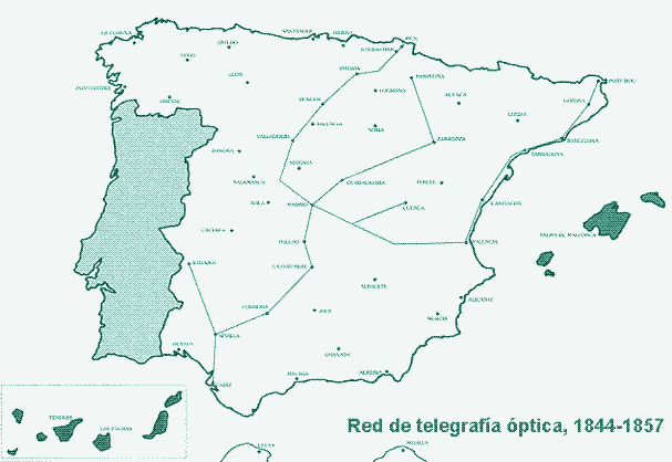 Mapa de la red de telégrafo óptico en España, implantado entre 1844-1857 (© Luis Enrique Otero Carvajal, de la UCM)