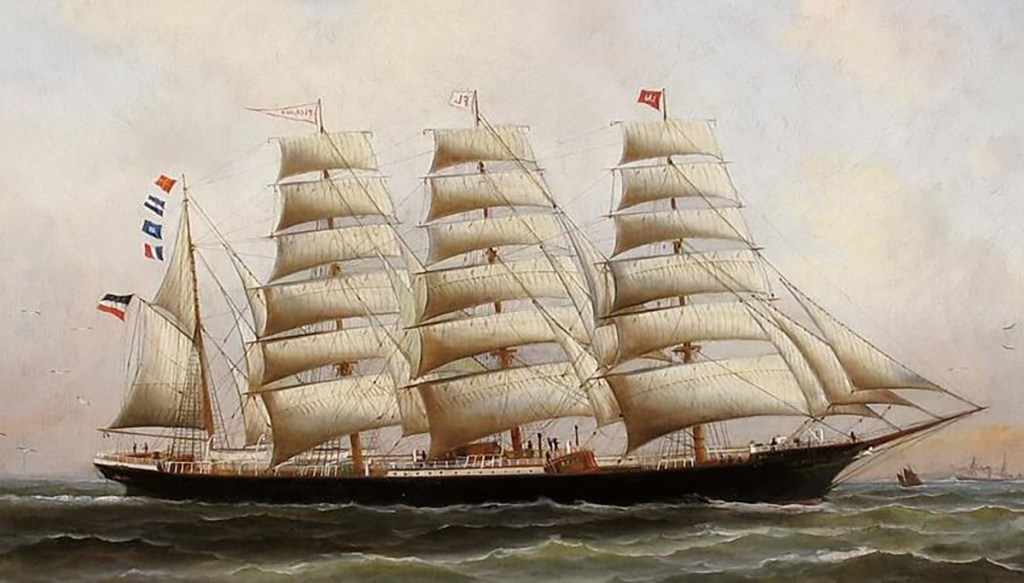 El bergantín alemán Pisaqua identificándose con su número (RJPT) según el Código Comercial, hacia 1890