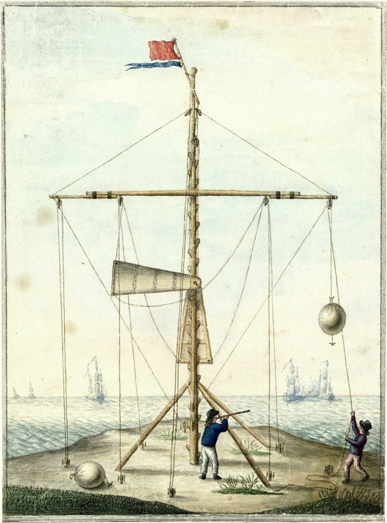 Semáforo costero usando barzos móviles en Scheveningen, hacia 1799 (Rijksmuseum)