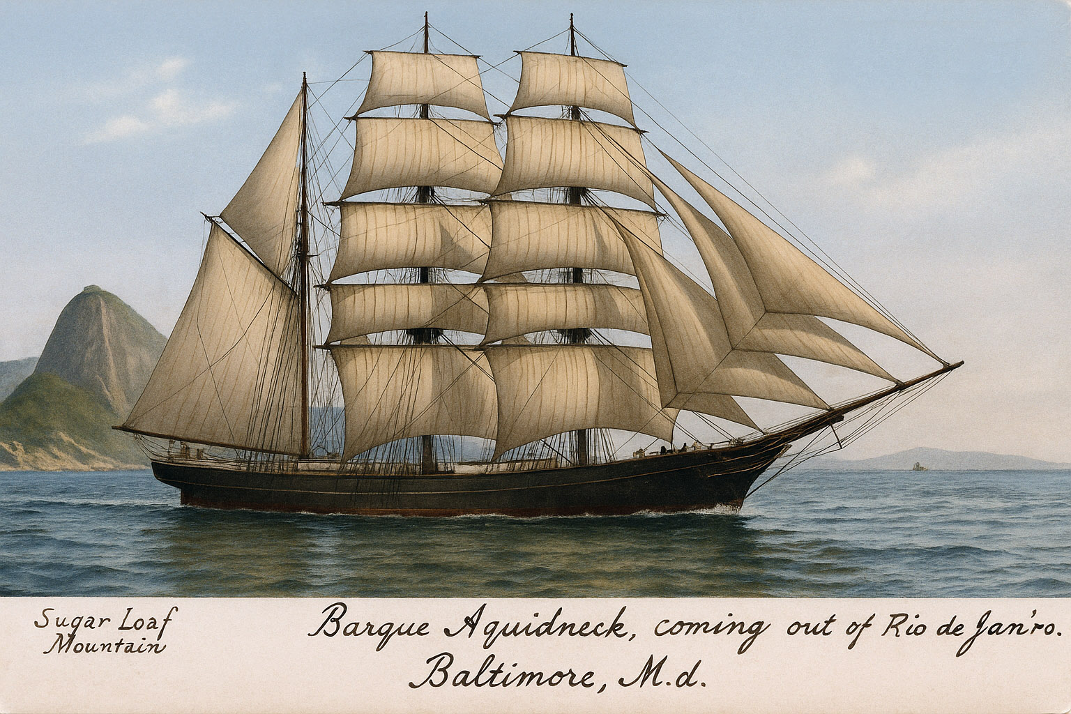 El «Aquidneck» saliendo de Río de Janeiro (Imagen generada por IA según dibujos y esquemas de la época.