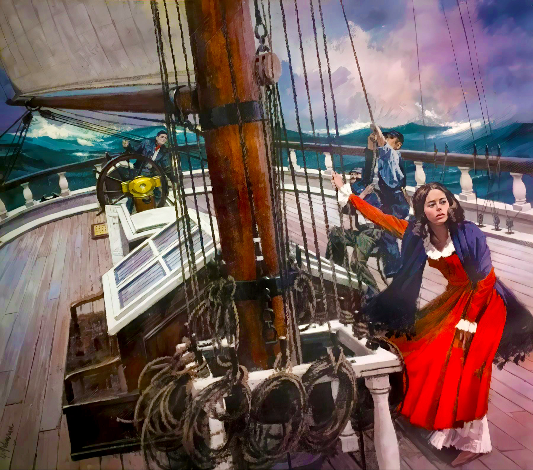 Mary Patten capitaneando el Clipper «Neptune's Car» en  1856 . Ilustración de Gordon Johnson para la Atlantic Mutual Compañy.