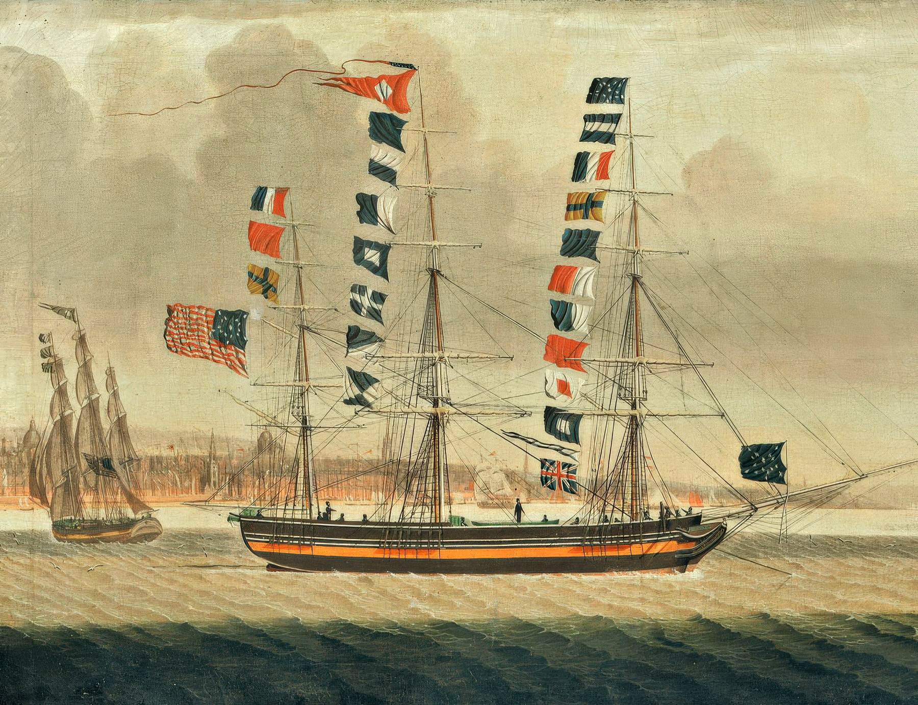 No existe -o al menos no he encontrado- ninguna imagen específica del «Amethyst», pero sí existe un retrato pictórico del «Emerald», un barco gemelo construido en 1822 para la Boston and Liverpool Packet Company, parte de la llamada "Jewel Line" junto al Amethyst, Sapphire y Topaz. Este cuadro, titulado "Portrait of the Packet Ship Emerald off Liverpool", es una pintura al óleo de la escuela americana del siglo XIX. En la obra, el "Emerald" aparece en dos vistas: anclado en el río Mersey frente a los monumentos de Liverpool y navegando bajo vela. Este retrato ofrece una referencia visual precisa del diseño y aspecto que habría tenido el "Amethyst", ya que ambos compartían dimensiones, constructor y línea naviera.