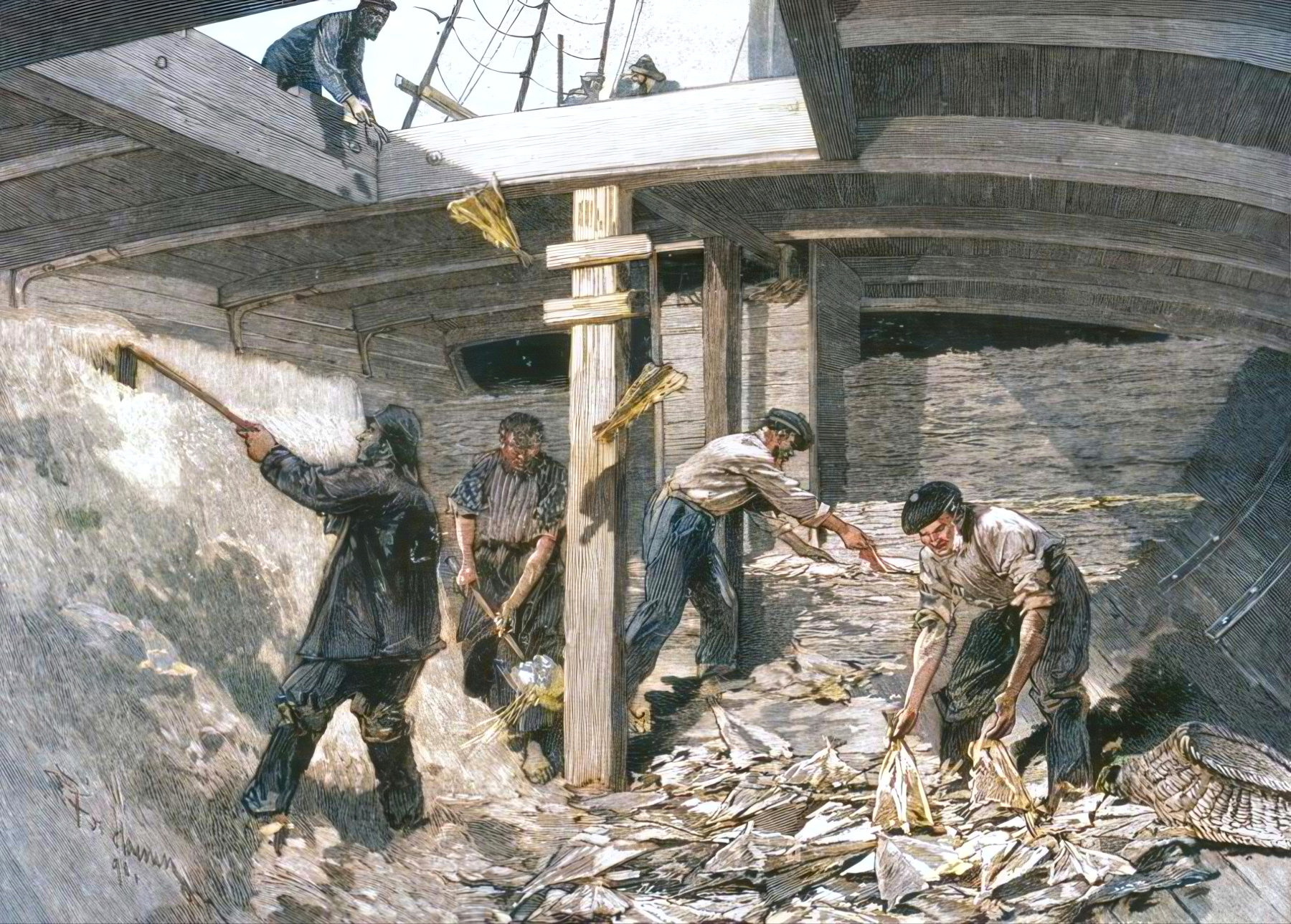 Ilustración mostrando el proceso de la salazón del bacalao capturado en la bodega de un bergantín, 1891. De «The Graphic. An Illustrated Weekly Newspaper», volumen 44. Julio a diciembre de 1891