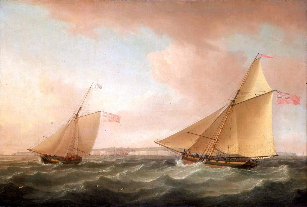 «Yate y cuter aduanero" de Thomas Whitcombe  (1763–1824) .  Un cúter (cutter) es un velero pequeño y veloz similar a un balandro . Tiene un solo mástil aparejado de proa a popa, con una vela mayor y al menos dos foques. Su diseño tradicional de casco, profundo y estrecho, presenta una popa inclinada con espejo de popa, una roda vertical y un largo bauprés