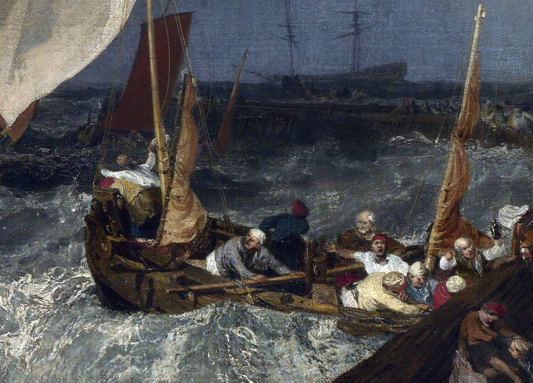 En este detalle observamos uno de los grupos de figuras  que muestra a los pescadores franceses intentando zarpar mientras mujeres, nerviosas, observan desde el muelle barrido por el viento. Se aprecia el impasto (la pintura toscamente aplicada con espátula o con pincel seco, para crear la violencia de la espuma de las olas y el incesante y brusco chapoteo provocado por la agitación del mar revuelto,