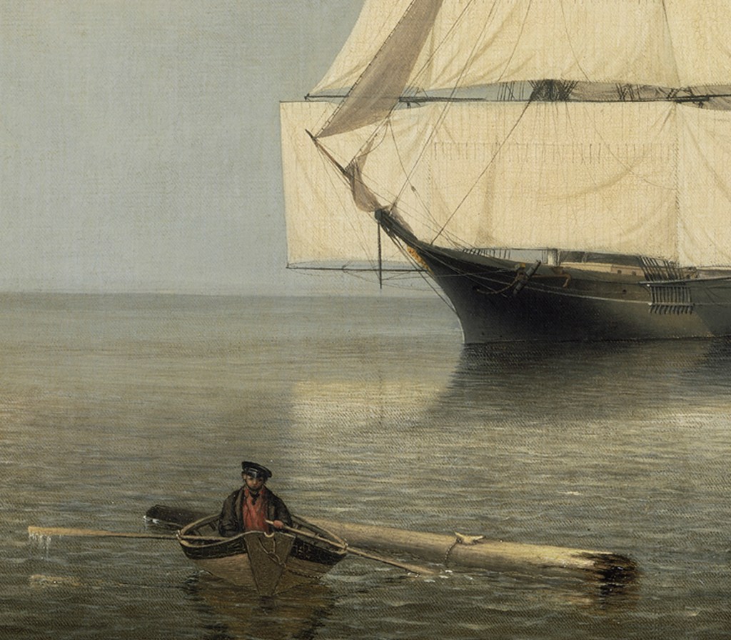 Detalle ampliado del cuadro en el que se aprecian los detalles y minuciosa recreación del dory arrastrando un trozo de un mástil o una botavara a flote.