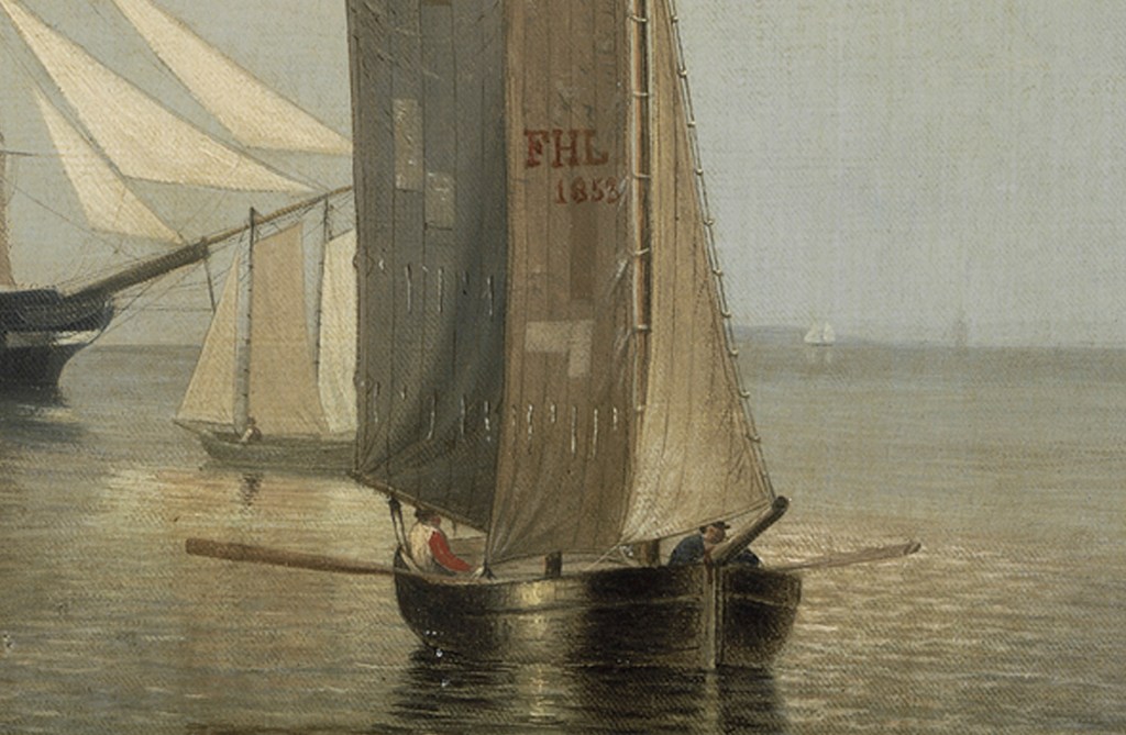 Detalle de la vela en la que el autor firmó la obra con sus iniciales FHL y la fecha de la pintura 1853