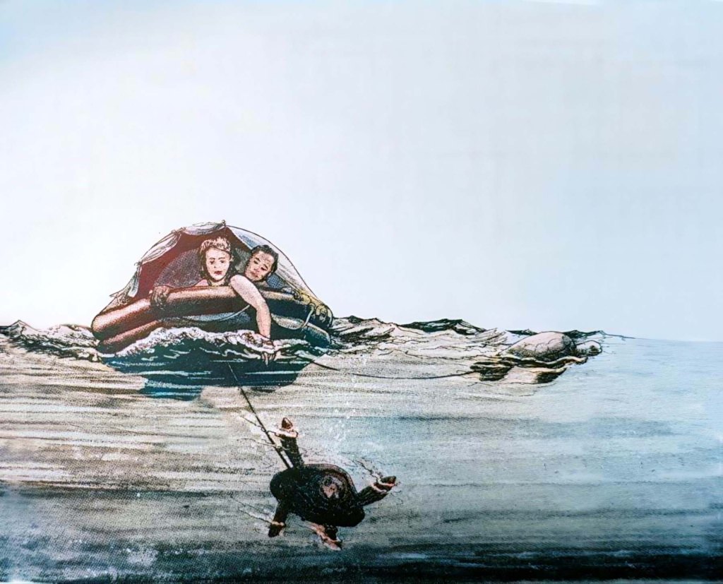 Capturaron a un gran macho al que sostuvieron boca abajo en el agua. Tras atarle un cabo a las aletas traseras, y para su inicial asombro, la tortuga los remolcó en dirección a Galápagos. Nadaban increíblemente rápido y hasta dejaban una estela visible tras si