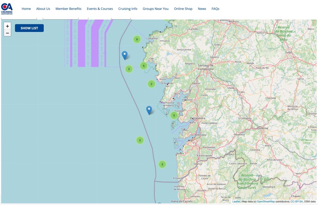 Mapa de la web de la Cruising Association con los avistamientos de orcas
