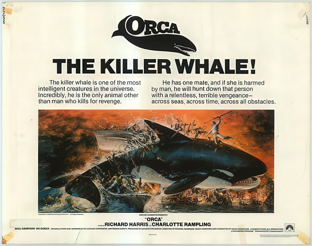 Poster promocional de la lamentable película de 1977 «Orca, la ballena asesina»