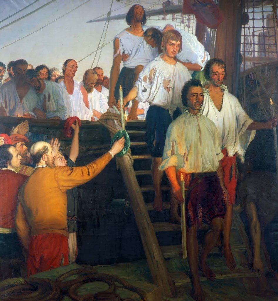 «El regreso de Elcano», Elías Salaverría, 1919. Óleo sobre lienzo 254 x 239 cm. Museo Naval. Ministerio de Defensa, Madrid.