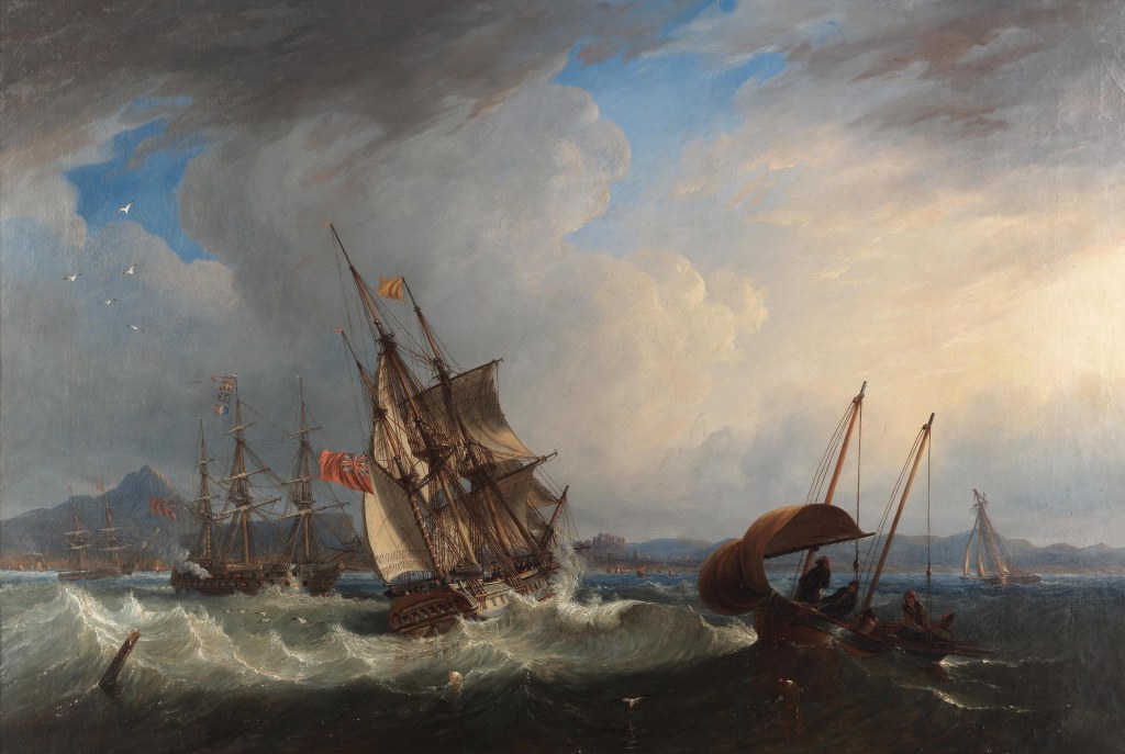 Buques de guerra atrapados en una corriente de resaca frente a Leith, con Edimburgo más allá