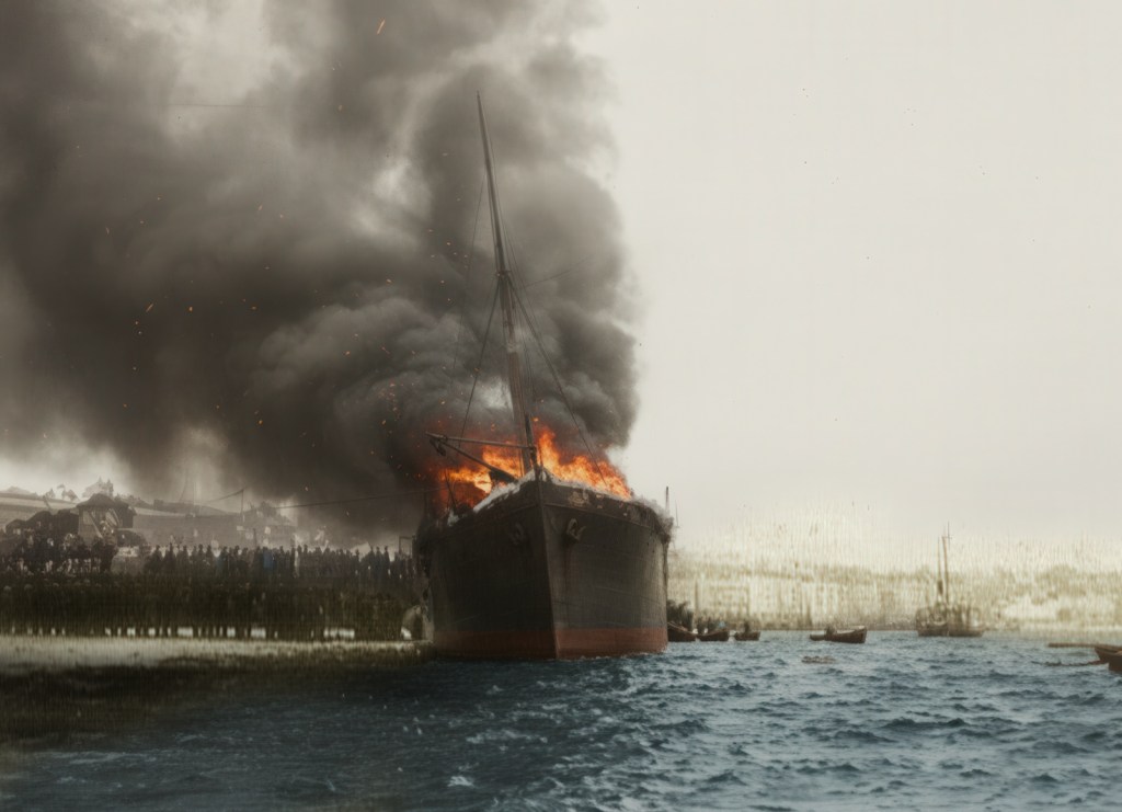 El Cabo Machichaco ardiendo en el muelle