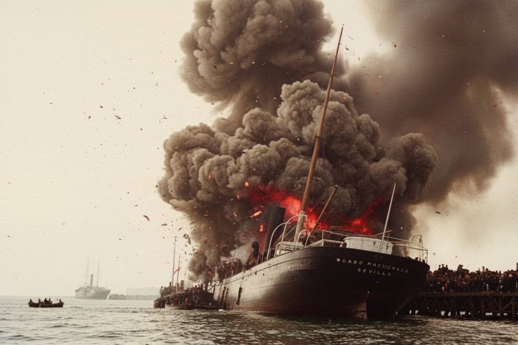 El vapor Cabo Machichaco ardiendo tras la primera explosión