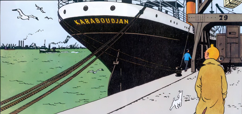 Hergé inventó el nombre armenio del buque  Karaboudjan juntando Karabou-gaz (nombre del Lago de la Garganta Negra del Mar Caspio) y Azerba-DJAN (nombre en francés del país Azerbaiyán).