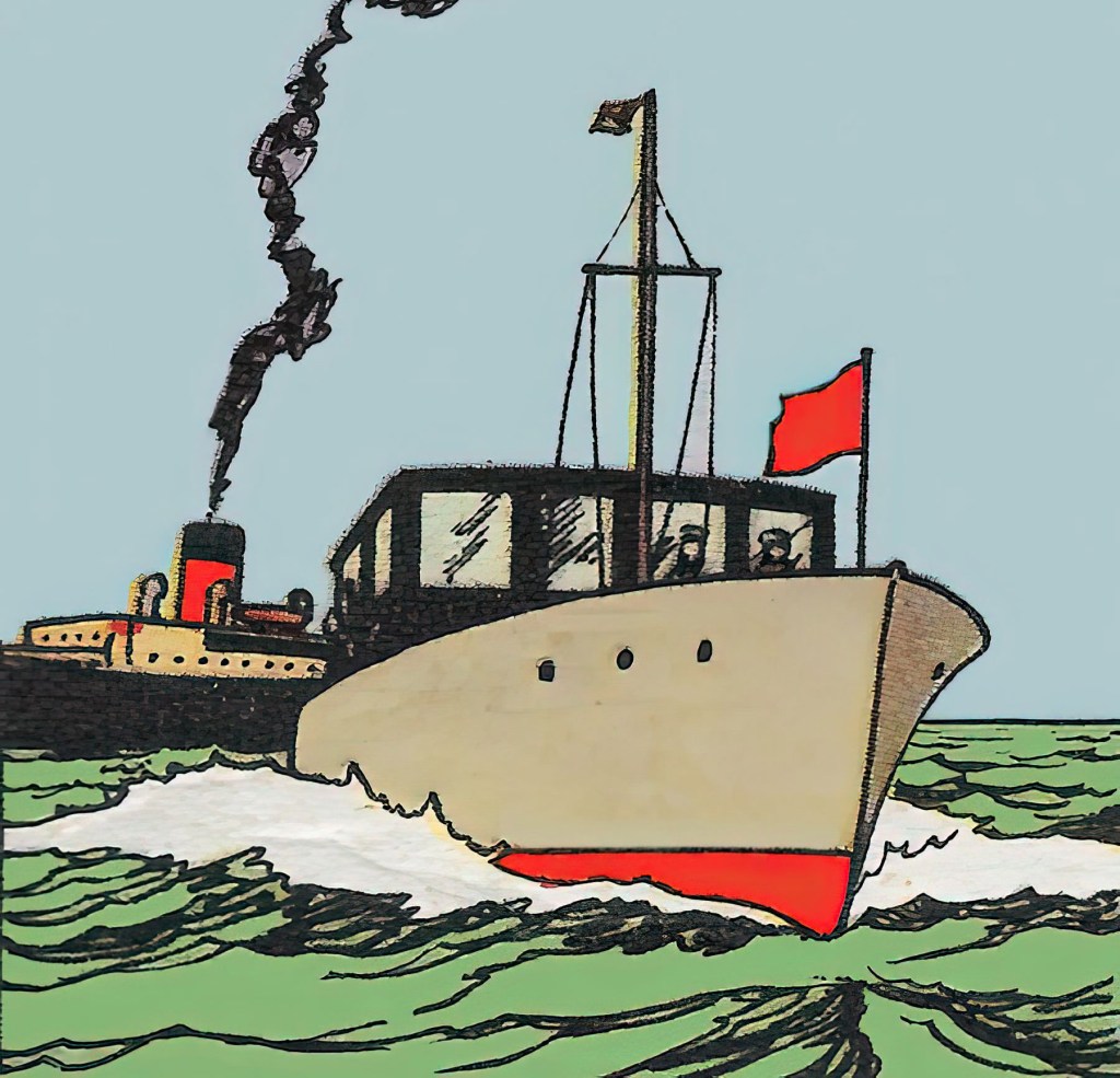 Una patrullera militar procedente de Haifa lleva a Tintín y a los detectives Hernández y Fernández a tierra