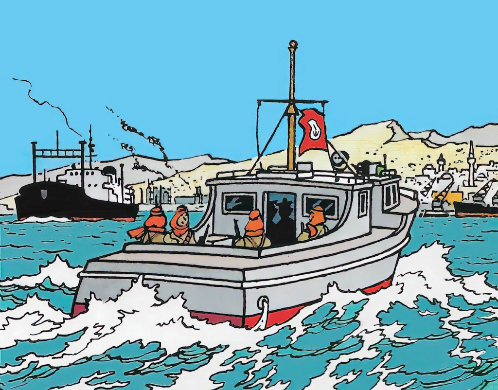 Un barco patrulla militar de Khemkhâh lleva a Tintín y a Hernandez y Fernandez a tierra. (1950)