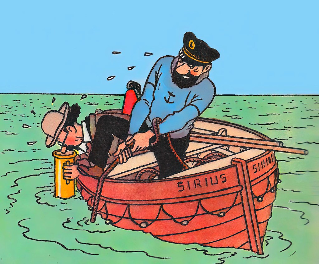En un bote auxiliar  del Sirius, Haddock y el profesor Tornasol intentan liberar a Tintín del submarino, que está atrapado entre algas.