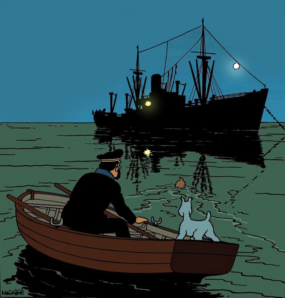 Al caer la noche, Tintín nada hasta EL Pachacamac