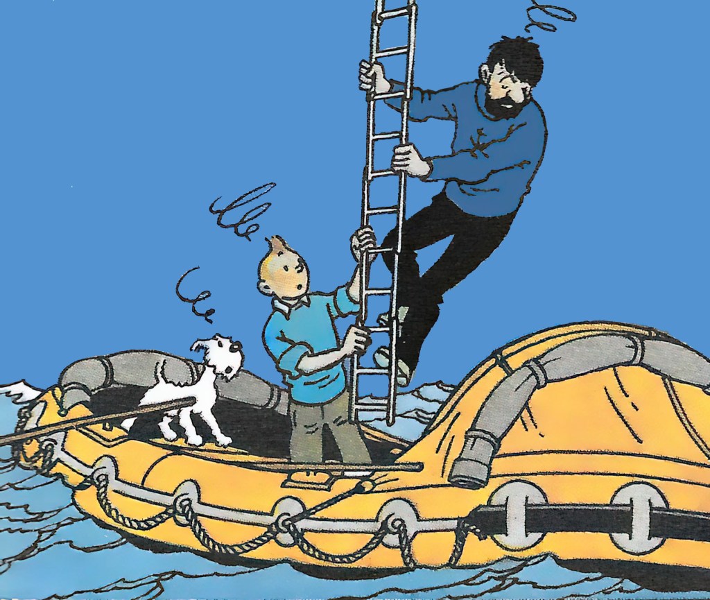 Tintín y Haddock descienden a balsa inflable después de que el volcán entrase en erupción