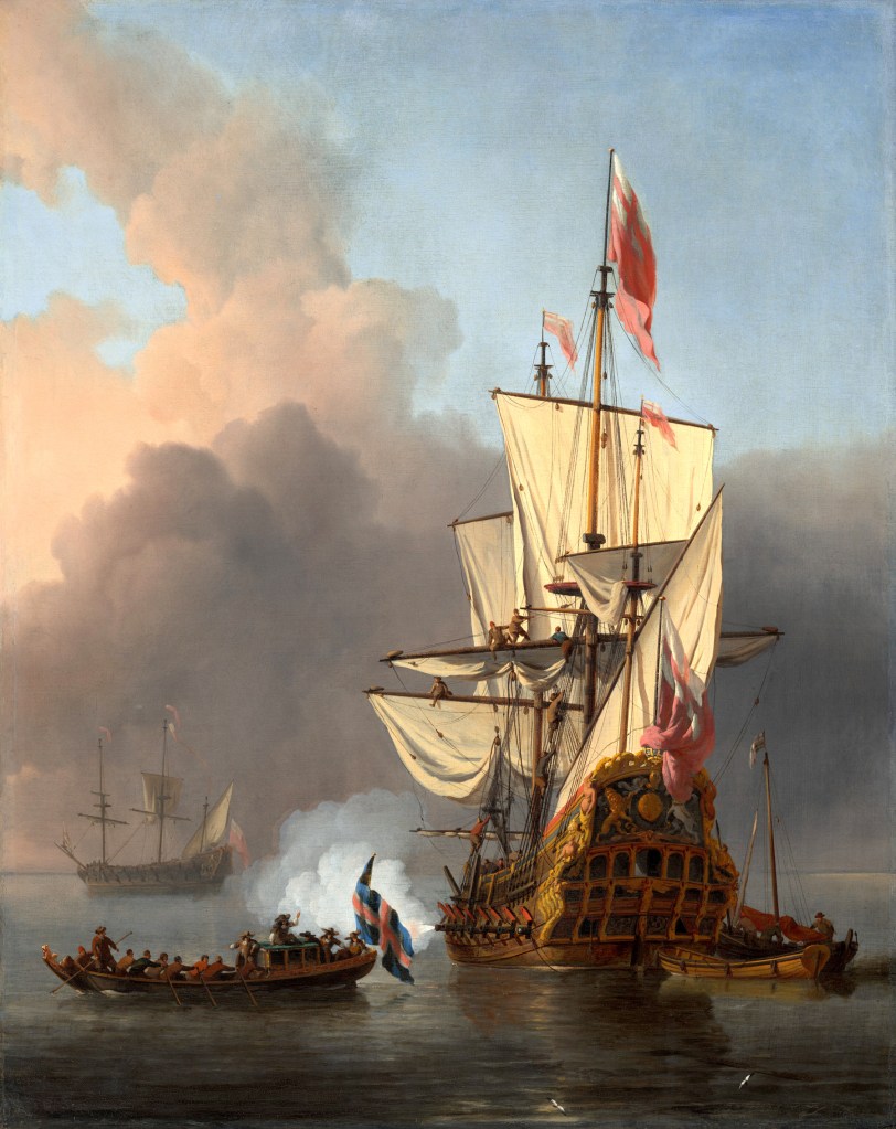 Un buque de guerra inglés disparando un saludo