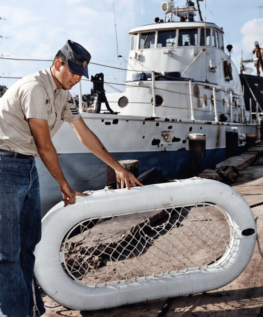 En esta imagen coloreada, Bill Held, contramaestre de primera clase, muestra la balsa que salvó la vida de Terry Jo Duperrault en el que estuvo a flote durante los tres días y medio posteriores al brutal asesinato de su familia.